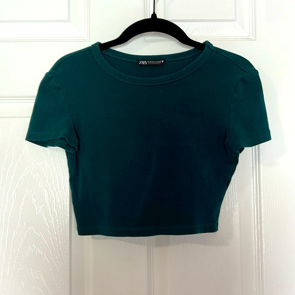 Zara Royal Green Cropped Fitted Short Sleeve T-Shirt